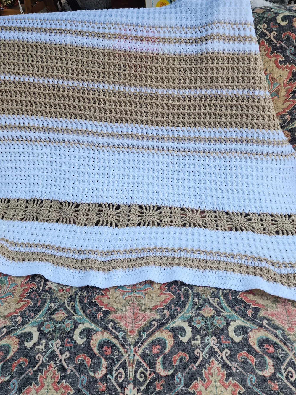 Handmade White and Tan Crochet Throw Blanket - Cozy Home Bedding